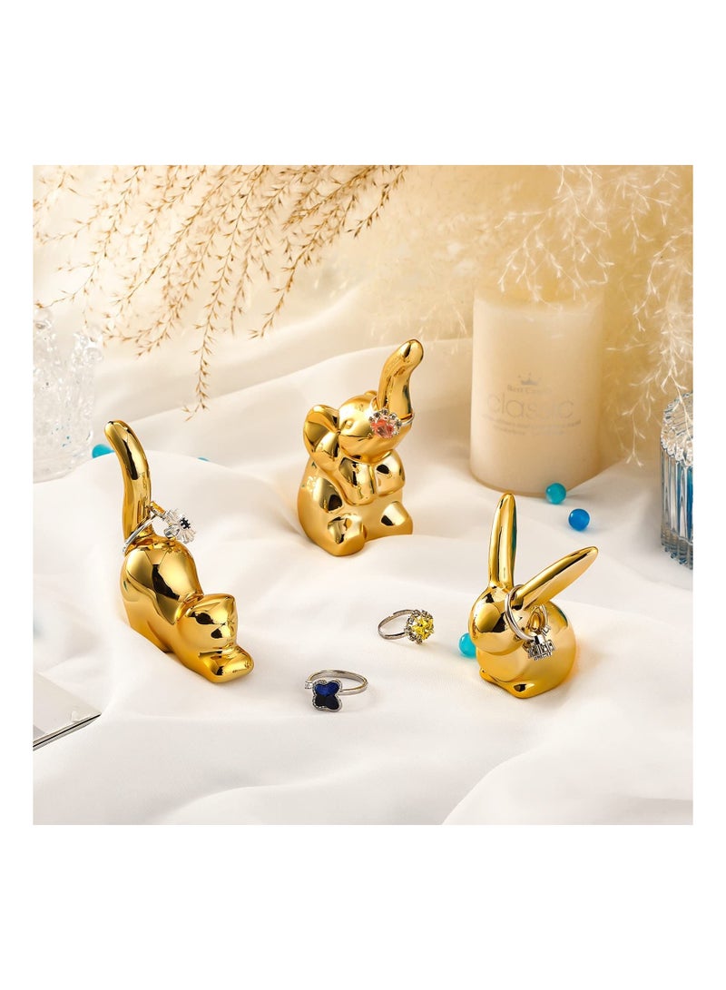 3 Pieces Animals Ring Holder Ceramic Elephant Statues Cat Statue Gold Bunny Ornaments Modern Style Animal Figurines for House Decor