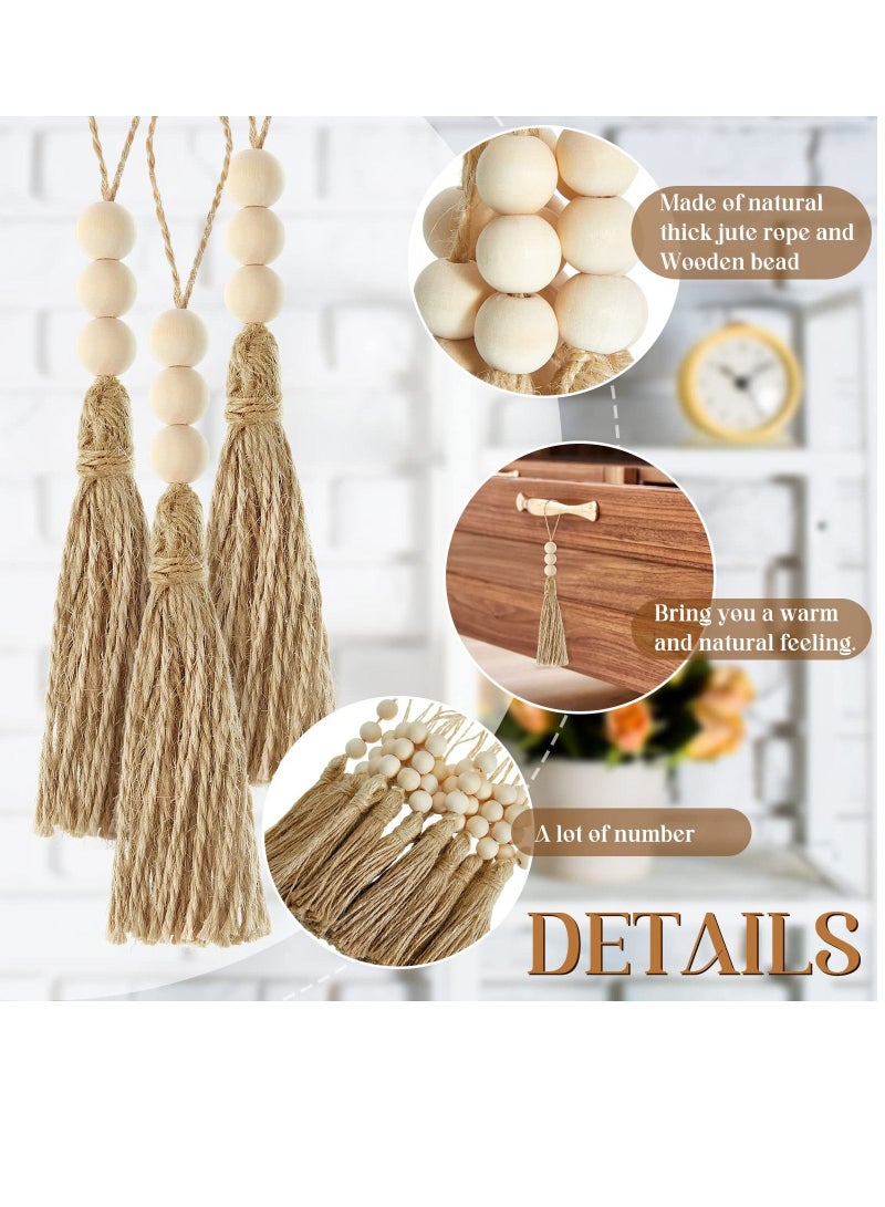 30 Sets Wood Beads Natural Jute Rope Tassels Beaded for Crafts Farmhouse Decorative Sewing Home Decor Wedding Party Garland DIY Projects Decorations