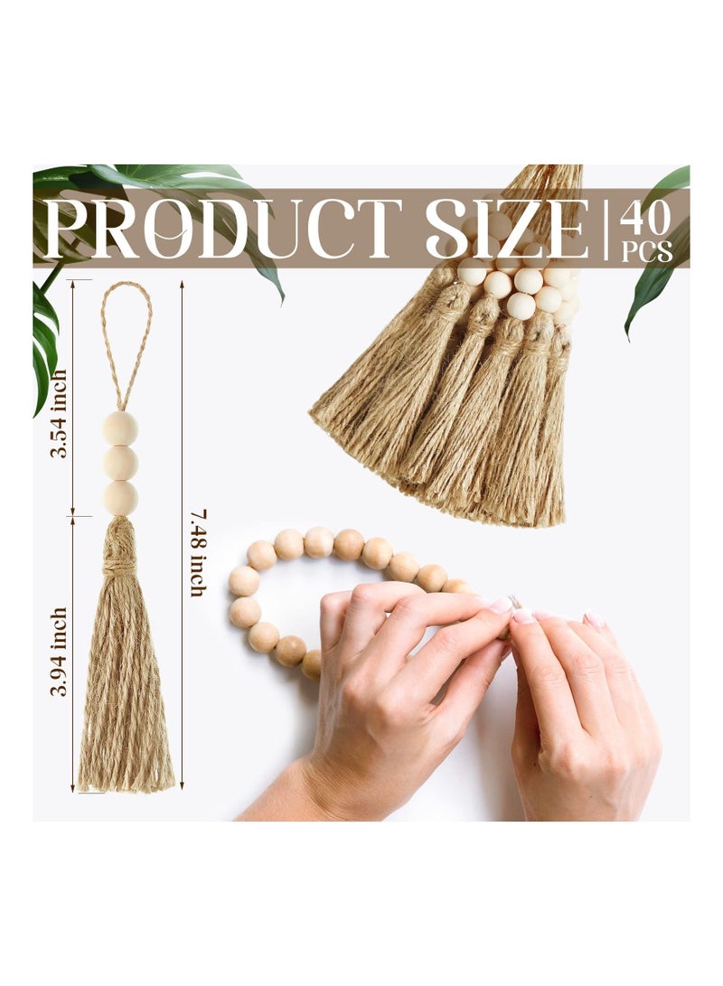 30 Sets Wood Beads Natural Jute Rope Tassels Beaded for Crafts Farmhouse Decorative Sewing Home Decor Wedding Party Garland DIY Projects Decorations