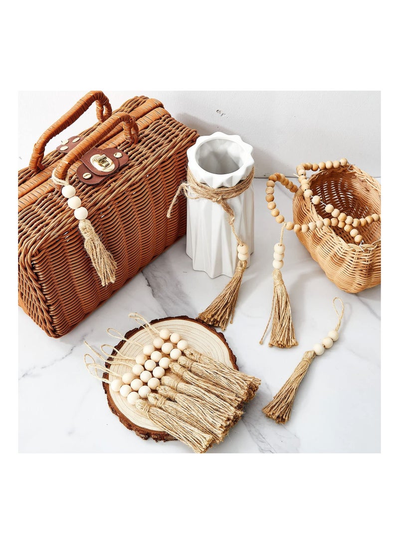 30 Sets Wood Beads Natural Jute Rope Tassels Beaded for Crafts Farmhouse Decorative Sewing Home Decor Wedding Party Garland DIY Projects Decorations