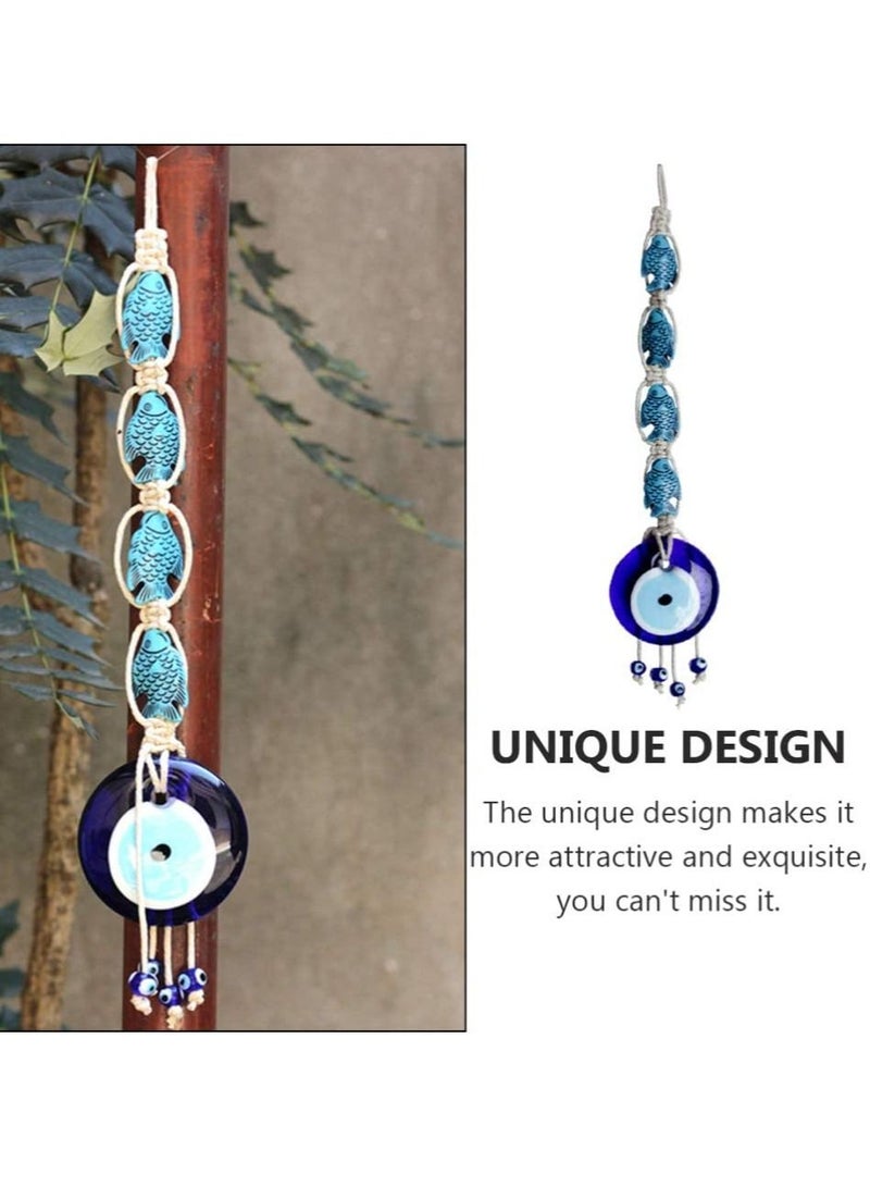 Turkish Blue Evil Eye Wall Hanging Ornament Lucky Fish Glass Nazar Beads Decor Decorative Cotton Rope Garland Pendant Art for Home Office Protection