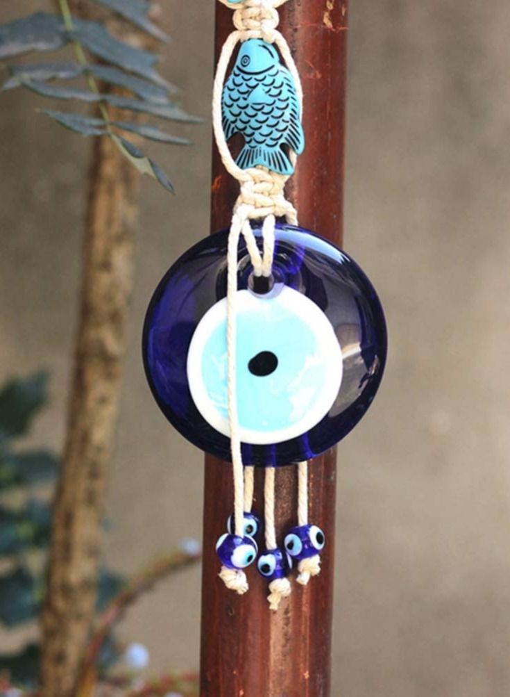 Turkish Blue Evil Eye Wall Hanging Ornament Lucky Fish Glass Nazar Beads Decor Decorative Cotton Rope Garland Pendant Art for Home Office Protection