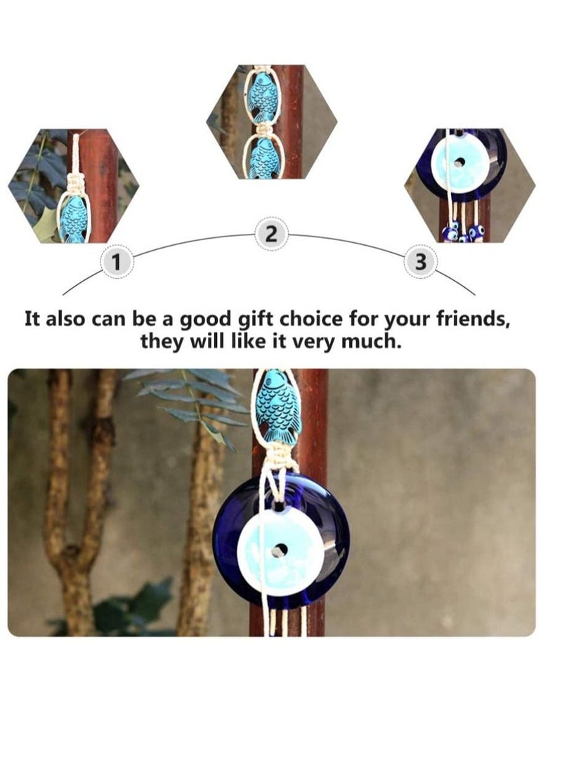 Turkish Blue Evil Eye Wall Hanging Ornament Lucky Fish Glass Nazar Beads Decor Decorative Cotton Rope Garland Pendant Art for Home Office Protection