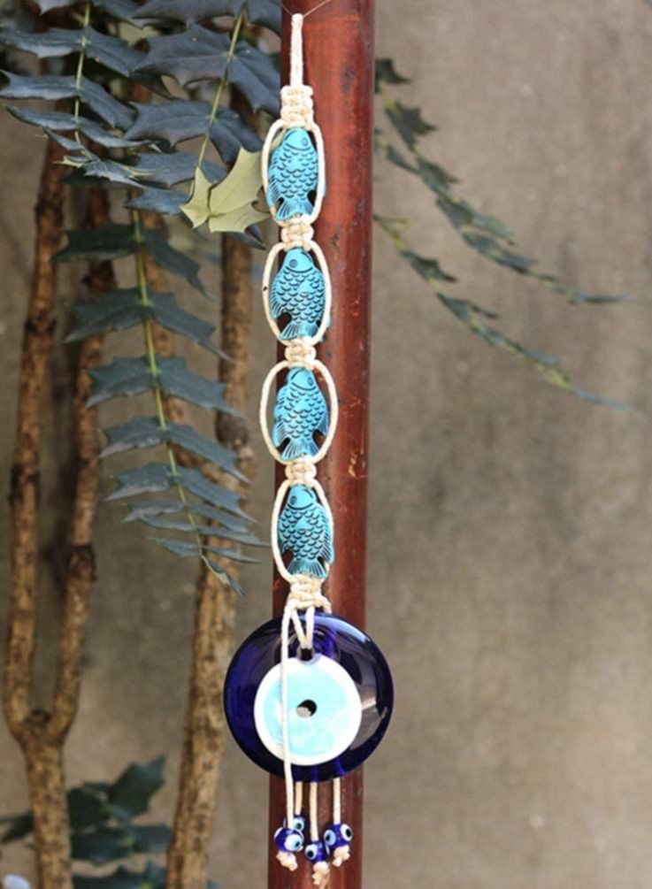 Turkish Blue Evil Eye Wall Hanging Ornament Lucky Fish Glass Nazar Beads Decor Decorative Cotton Rope Garland Pendant Art for Home Office Protection