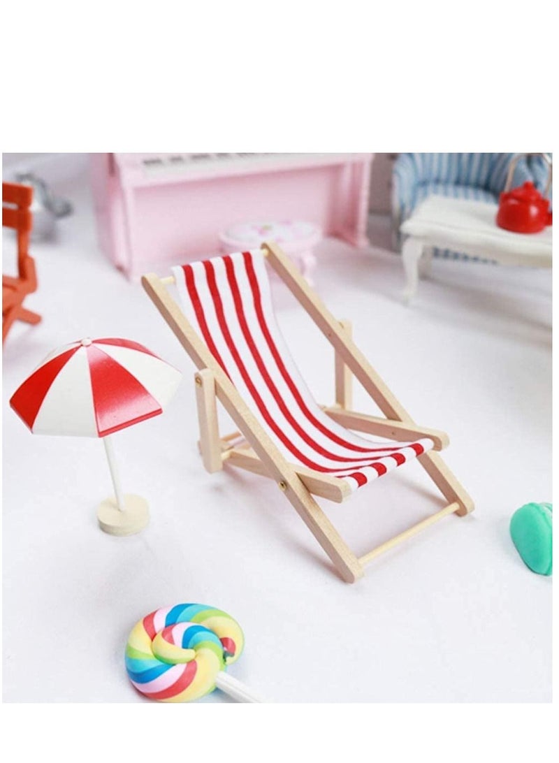 Mini Beach Chair, Wooden Longue Deck Chair Set Miniature Foldable Model Dollhouse Furniture Accessories Garden Decor for Kids 2 pcs