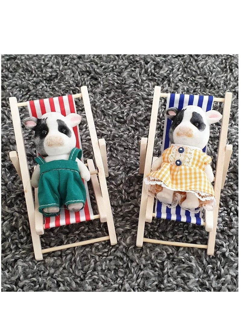 Mini Beach Chair, Wooden Longue Deck Chair Set Miniature Foldable Model Dollhouse Furniture Accessories Garden Decor for Kids 2 pcs