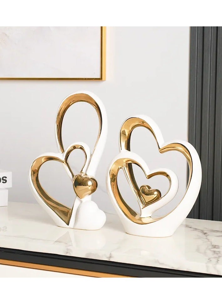 Voidrop Heart Shaped Ceramic Statue And Sculpture In Pair Decorative Statue decorative Item Abstract Home Decor Decoration Living Room Modern Artist Home Decor Home Entrance Decor (White Gold)