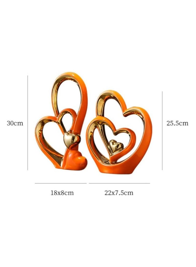 Voidrop Heart Shaped Ceramic Statue and Sculpture in Pair Decorative Statue decorative item abstract home décor decoration living room Modern Artist Home Décor entrance décor set of 2(Orange Gold)