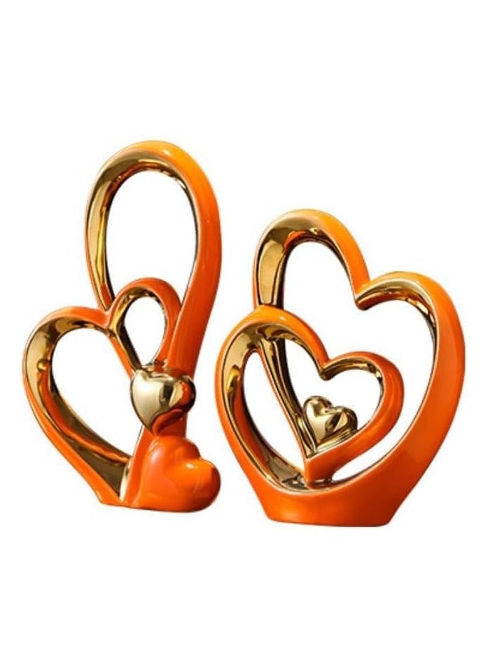 Voidrop Heart Shaped Ceramic Statue and Sculpture in Pair Decorative Statue decorative item abstract home décor decoration living room Modern Artist Home Décor entrance décor set of 2(Orange Gold)