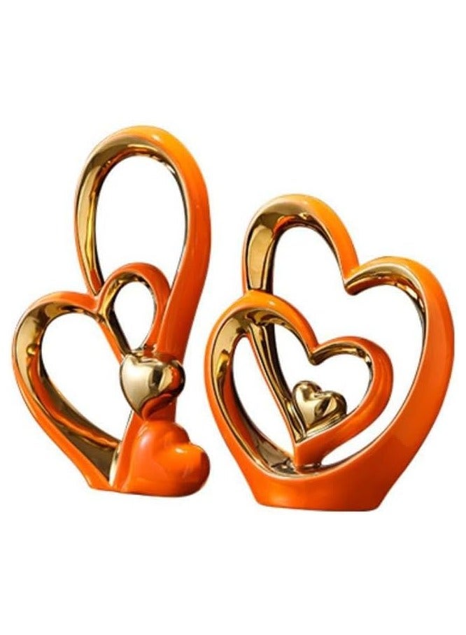 Voidrop Heart Shaped Ceramic Statue and Sculpture in Pair Decorative Statue decorative item abstract home décor decoration living room Modern Artist Home Décor entrance décor set of 2(Orange Gold)