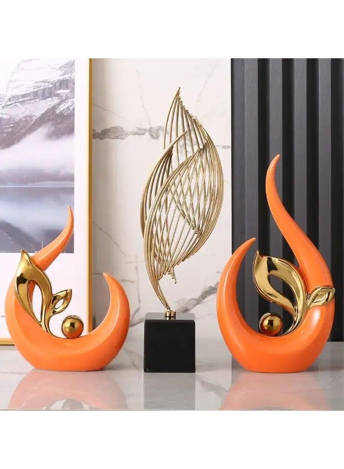 Voidrop Ceramic Leaf Figurines Aesthetics Home Décor Creative Animal Ceramic Decor Accent Leaf Abstract Art Ceramic Decor Statue Sculptures for Table Decorations set of 3 (Orange Gold)