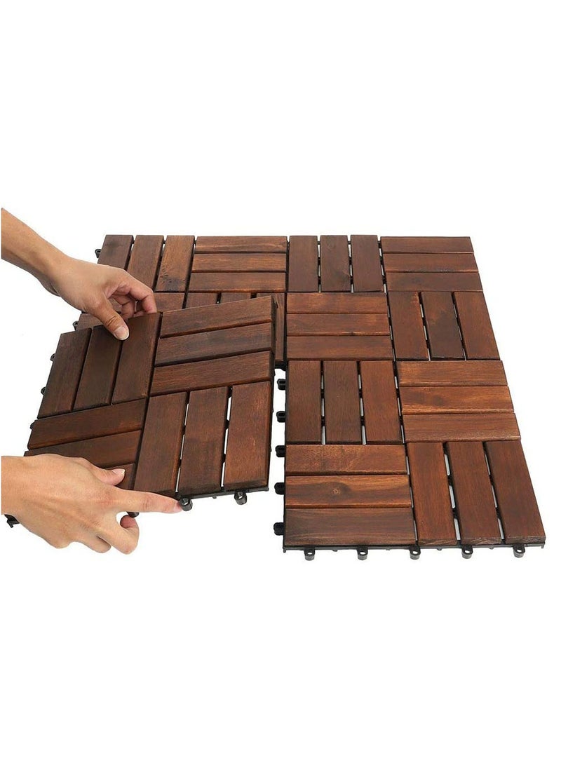 Pack of 10 Wooden Tiles Hardwood Decking Tiles with Snap & Plastic Base Easy to Install Interlocking Hardwood Flooring Deck For Garden Balcony Home Pool