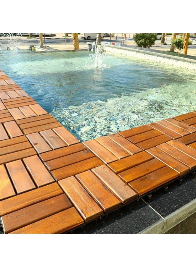 Pack of 10 Wooden Tiles Hardwood Decking Tiles with Snap & Plastic Base Easy to Install Interlocking Hardwood Flooring Deck For Garden Balcony Home Pool