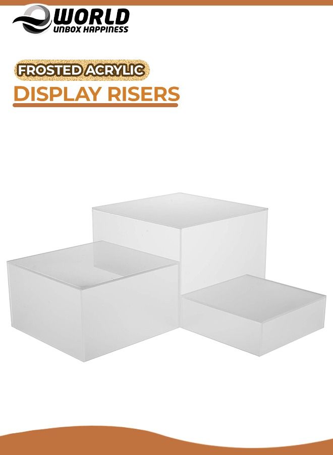 Set of 3 Glossy White Frosted Acrylic Cube Nesting Risers with Hollow Bottoms Perfect Modern Design Dice Display Blocks for Photo Prop, Trophies, Artefacts, and Decorations