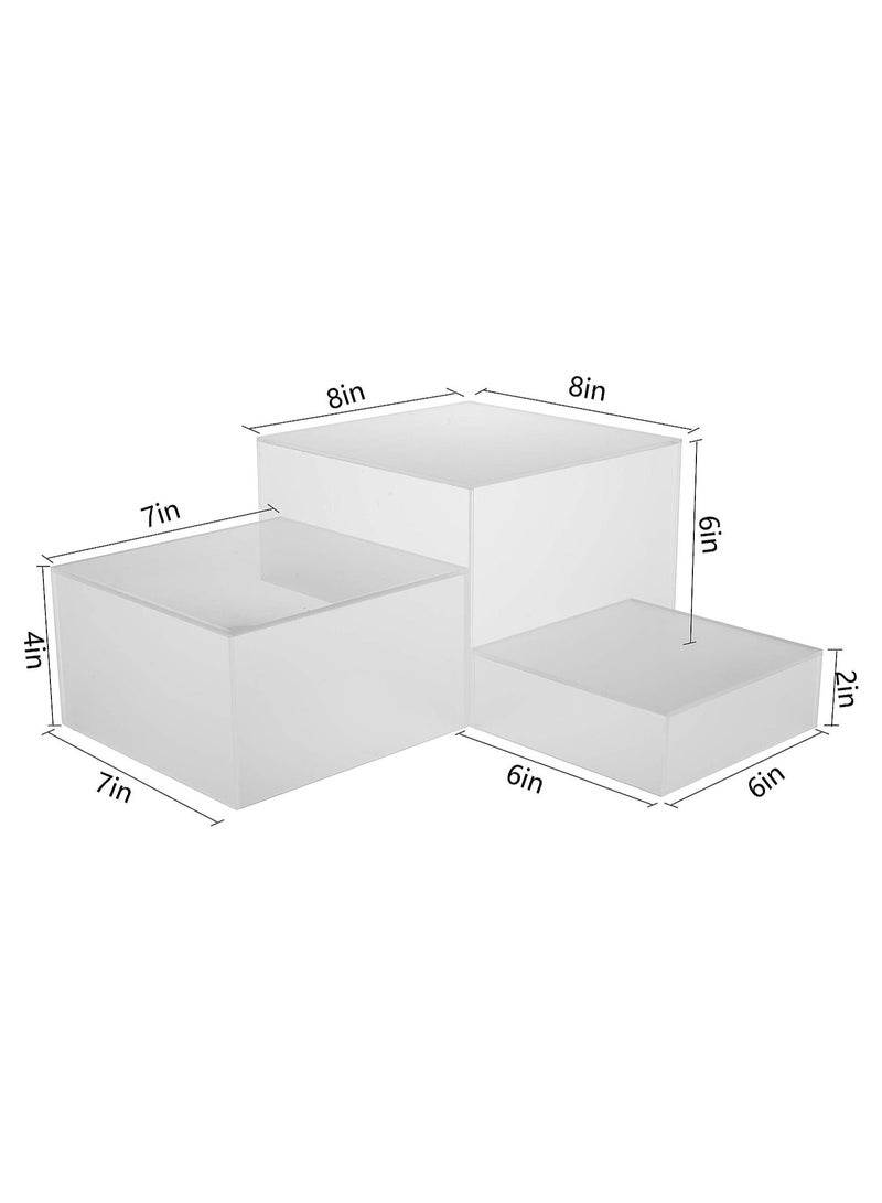 Set of 3 Glossy White Frosted Acrylic Cube Nesting Risers with Hollow Bottoms Perfect Modern Design Dice Display Blocks for Photo Prop, Trophies, Artefacts, and Decorations