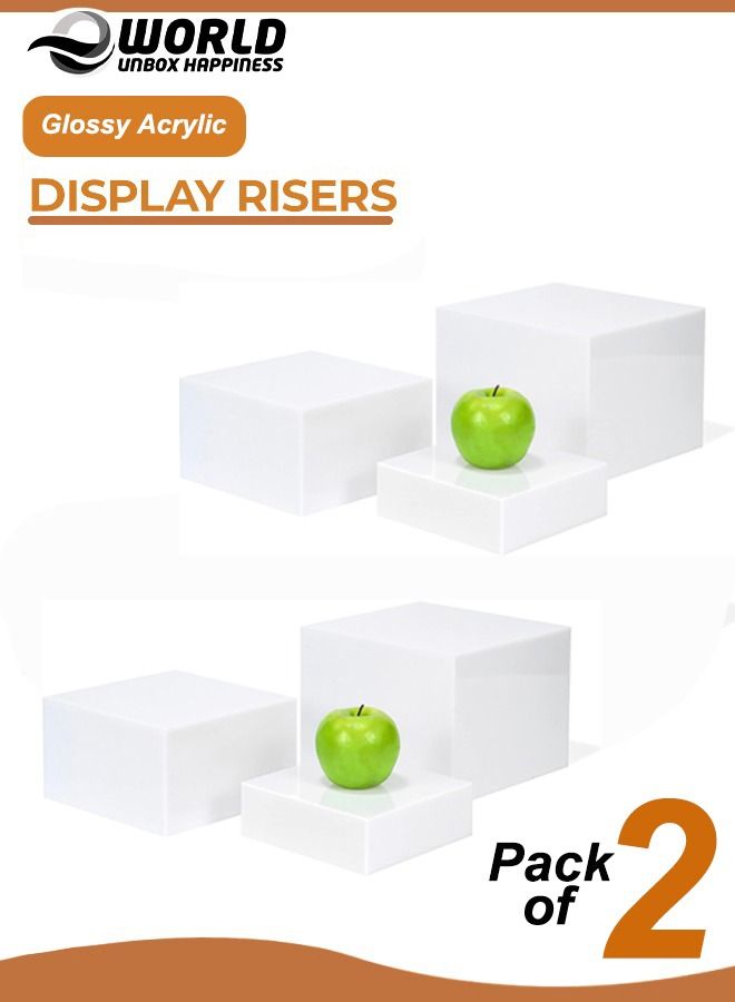 2 Sets of 3 Glossy White Acrylic Cube Nesting Risers with Hollow Bottoms Perfect Modern Design Dice Display Blocks for Photo Prop, Trophies, Artefacts and Decorations