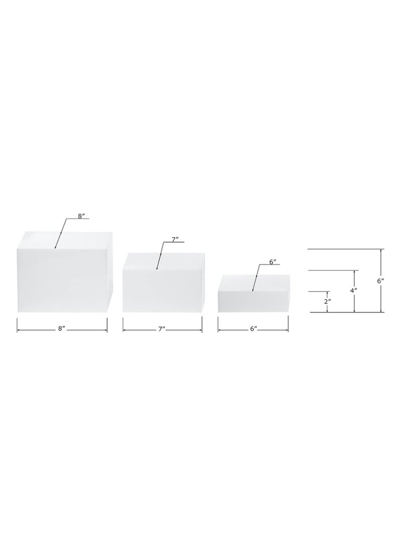 2 Sets of 3 Glossy White Acrylic Cube Nesting Risers with Hollow Bottoms Perfect Modern Design Dice Display Blocks for Photo Prop, Trophies, Artefacts and Decorations