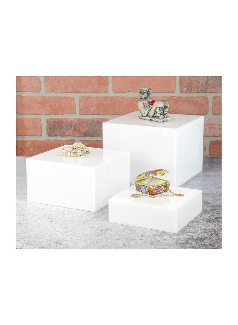 Set of 3 Glossy White Acrylic Cube Nesting Risers with Hollow Bottoms Perfect Modern Design Dice Display Blocks for Photo Prop, Trophies, Artefacts, and Decorations