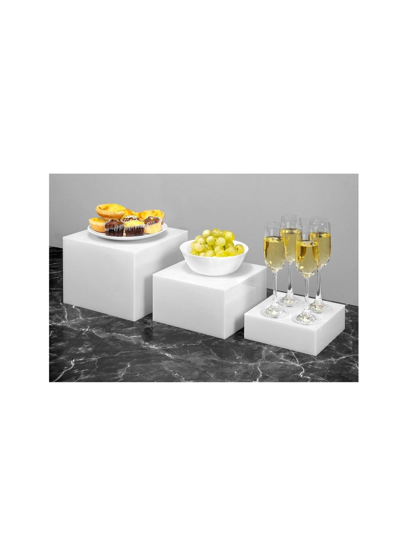 Set of 3 Glossy White Acrylic Cube Nesting Risers with Hollow Bottoms Perfect Modern Design Dice Display Blocks for Photo Prop, Trophies, Artefacts, and Decorations