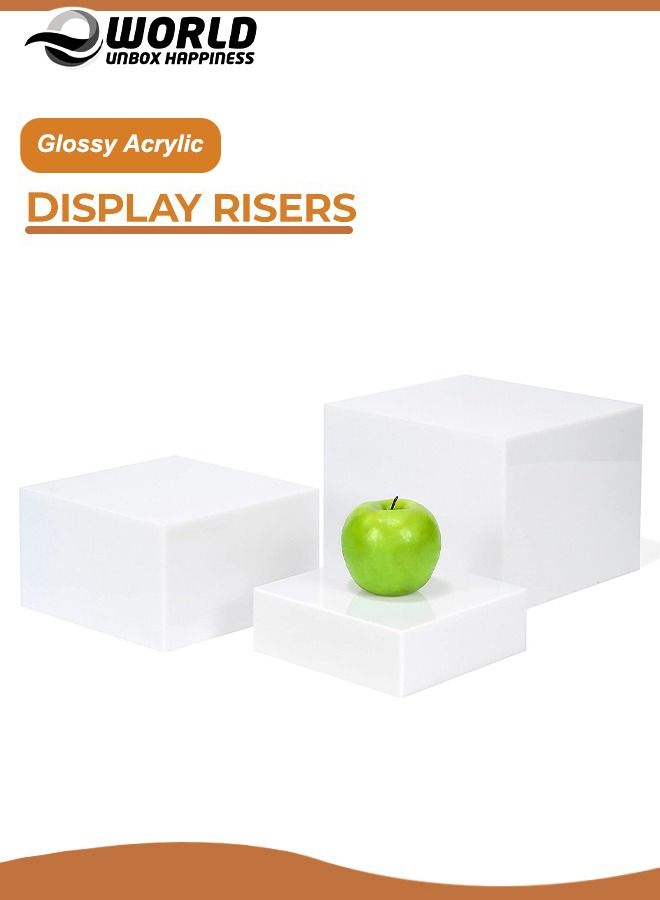 Set of 3 Glossy White Acrylic Cube Nesting Risers with Hollow Bottoms Perfect Modern Design Dice Display Blocks for Photo Prop, Trophies, Artefacts, and Decorations