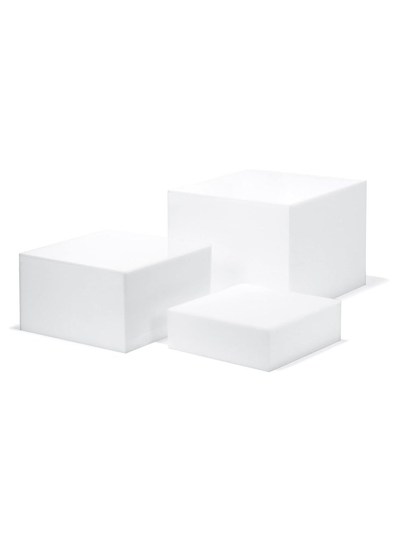 Set of 3 Glossy White Acrylic Cube Nesting Risers with Hollow Bottoms Perfect Modern Design Dice Display Blocks for Photo Prop, Trophies, Artefacts, and Decorations