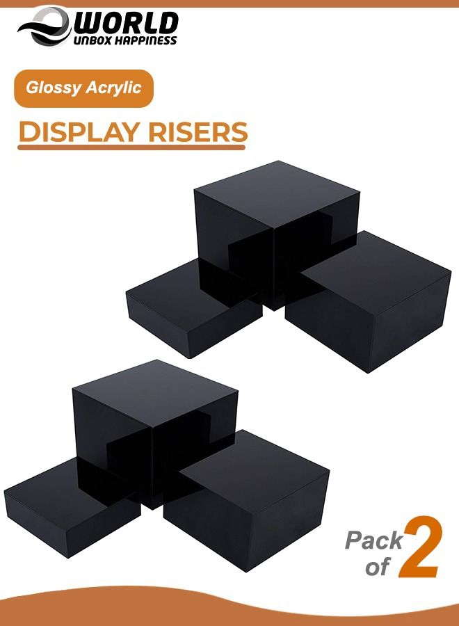 2 Sets of 3 Glossy Black Acrylic Cube Nesting Risers with Hollow Bottoms Perfect Modern Design Dice Display Blocks for Photo Prop, Trophies, Artefacts, and Decorations