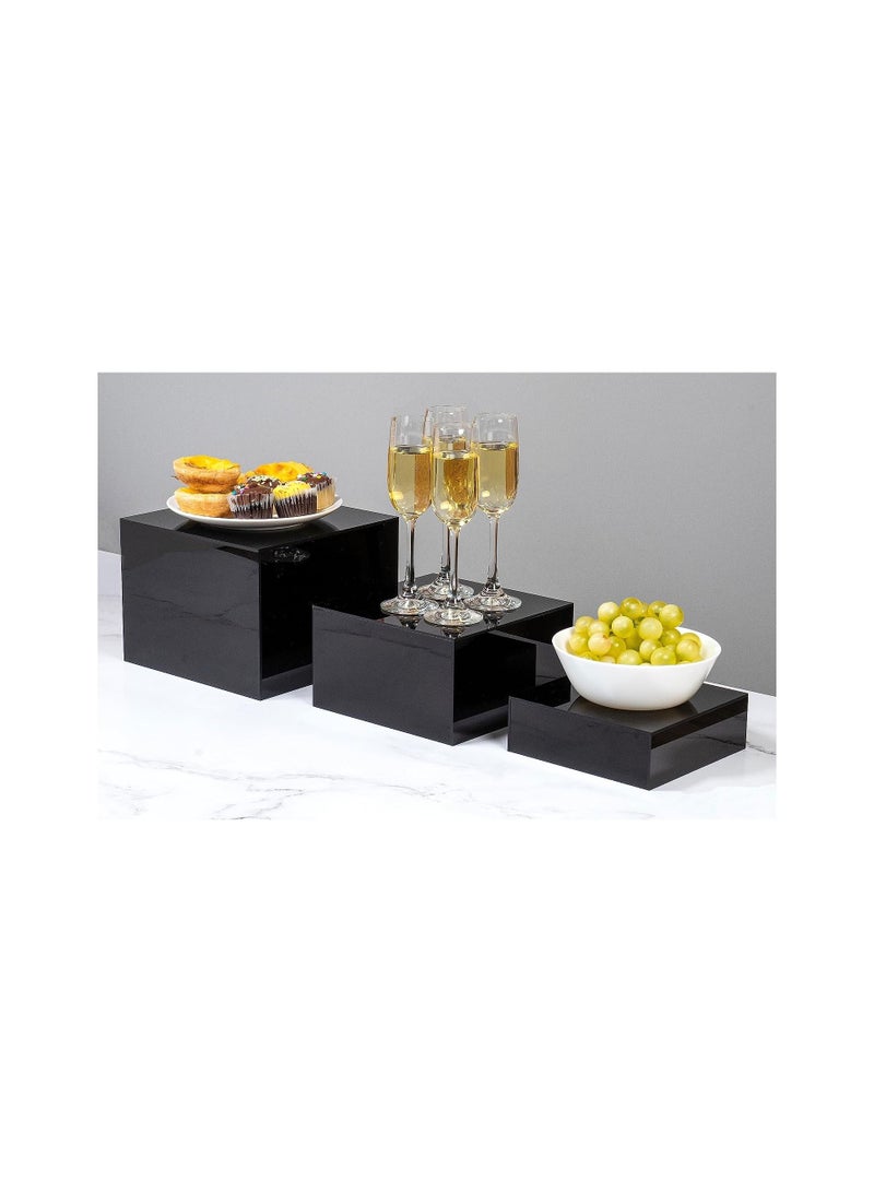 2 Sets of 3 Glossy Black Acrylic Cube Nesting Risers with Hollow Bottoms Perfect Modern Design Dice Display Blocks for Photo Prop, Trophies, Artefacts, and Decorations