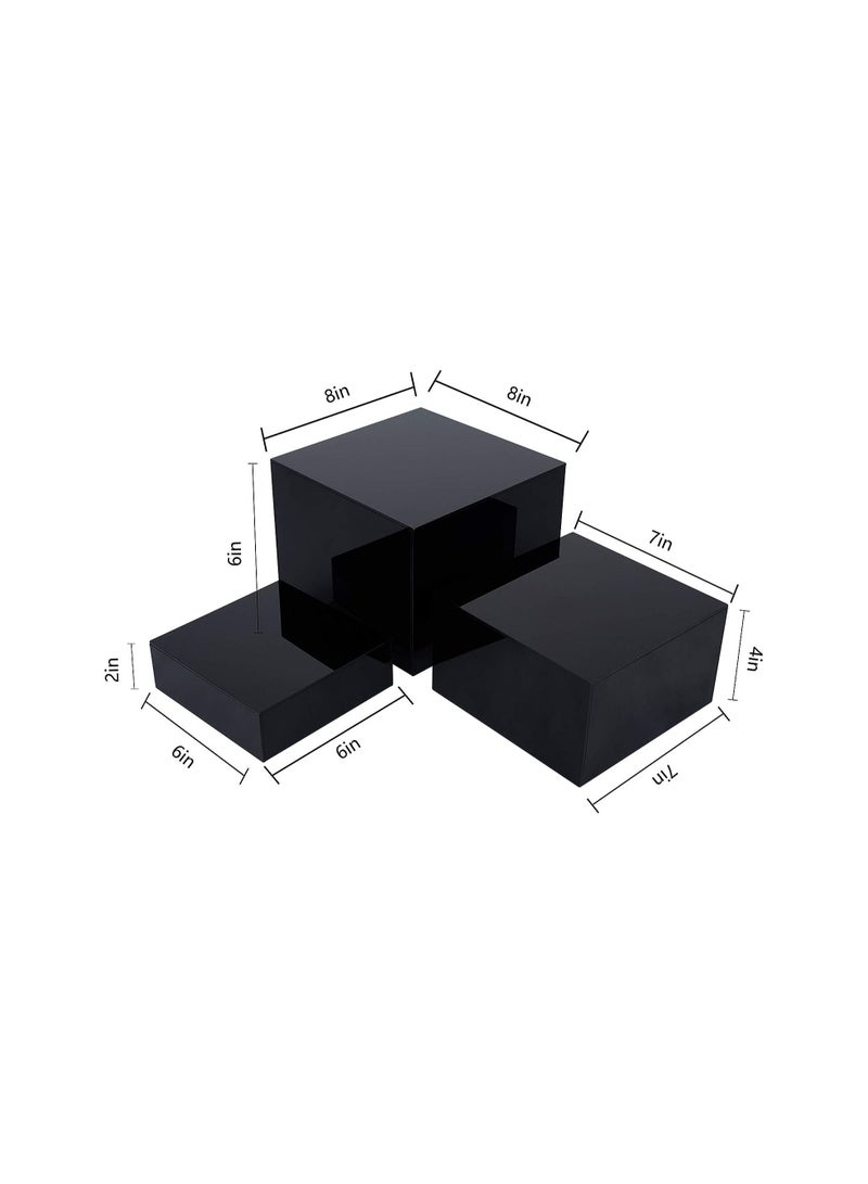 2 Sets of 3 Glossy Black Acrylic Cube Nesting Risers with Hollow Bottoms Perfect Modern Design Dice Display Blocks for Photo Prop, Trophies, Artefacts, and Decorations