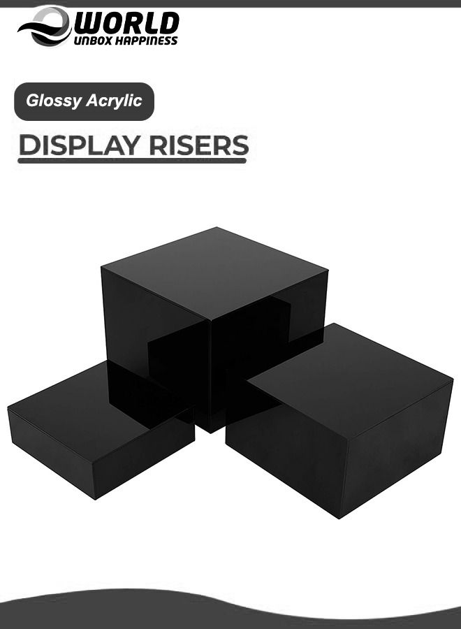 Set of 3 Glossy Black Acrylic Cube Nesting Risers with Hollow Bottoms Perfect Modern Design Dice Display Blocks for Photo Prop, Trophies, Artefacts, and Decorations