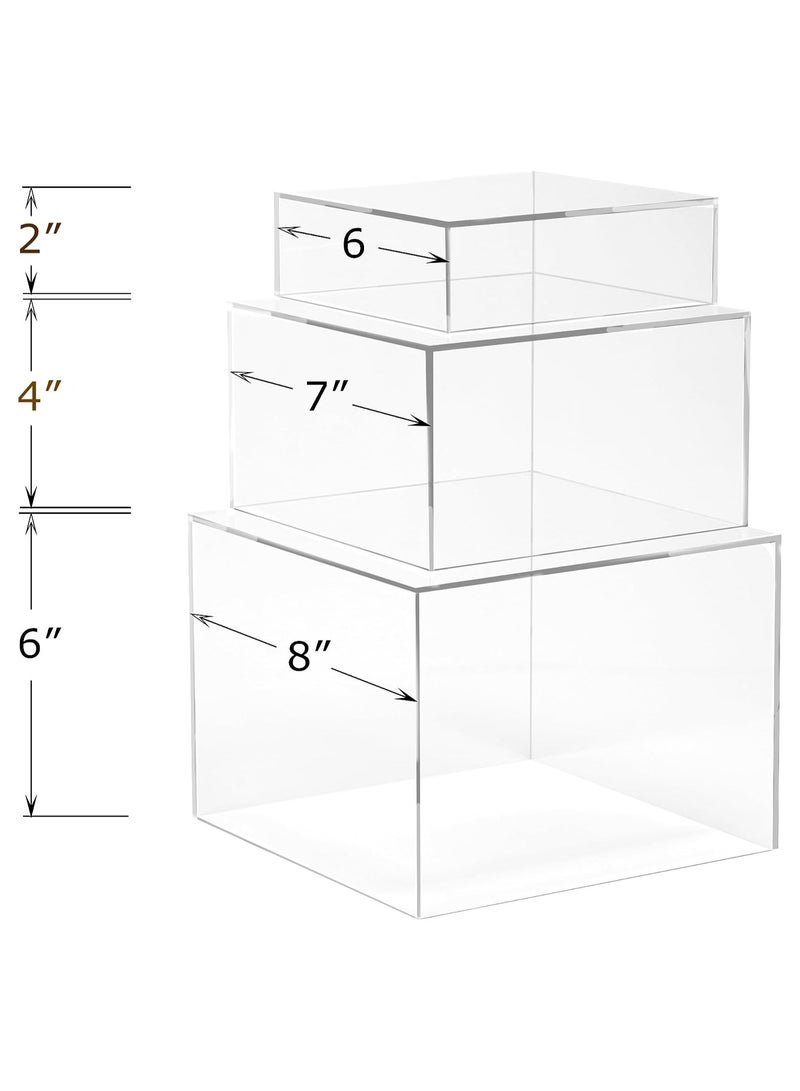 2 Sets of 3 Clear Acrylic Nesting Cube Risers with Hollow Bases, Sleek Modern Display Blocks for Dice, Trophies, Artifacts, Photo Props and Decorative Items