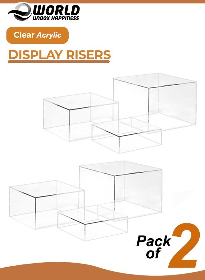 2 Sets of 3 Clear Acrylic Nesting Cube Risers with Hollow Bases, Sleek Modern Display Blocks for Dice, Trophies, Artifacts, Photo Props and Decorative Items