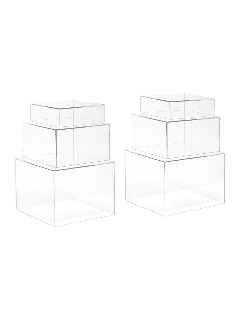 2 Sets of 3 Clear Acrylic Nesting Cube Risers with Hollow Bases, Sleek Modern Display Blocks for Dice, Trophies, Artifacts, Photo Props and Decorative Items