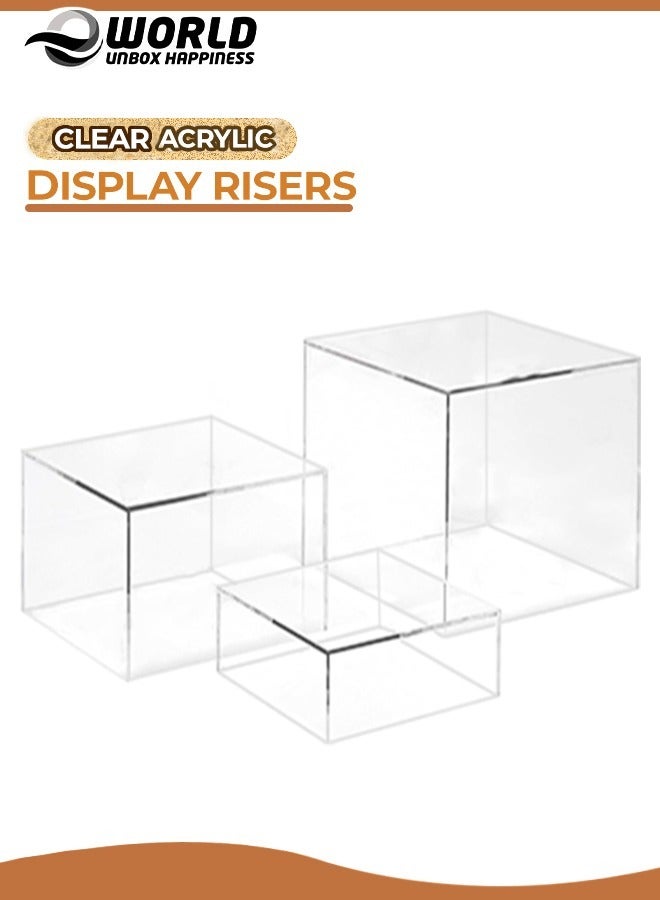 Set of 3 Clear Acrylic Cube Nesting Risers with Hollow Bottoms Perfect Modern Design Dice Display Blocks for Photo Prop, Trophies, Artefacts, and Decorations