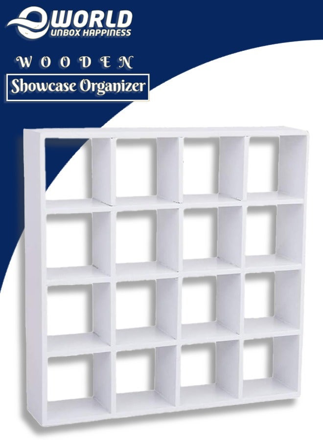 White Wooden Display Case with 16 Compartments, Perfect for Showcasing Miniature Toys, Crystals, and Stones, Features Wall Mountable and Freestanding Design.