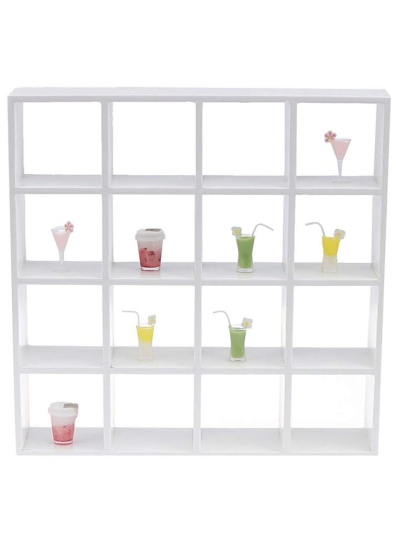 White Wooden Display Case with 16 Compartments, Perfect for Showcasing Miniature Toys, Crystals, and Stones, Features Wall Mountable and Freestanding Design.