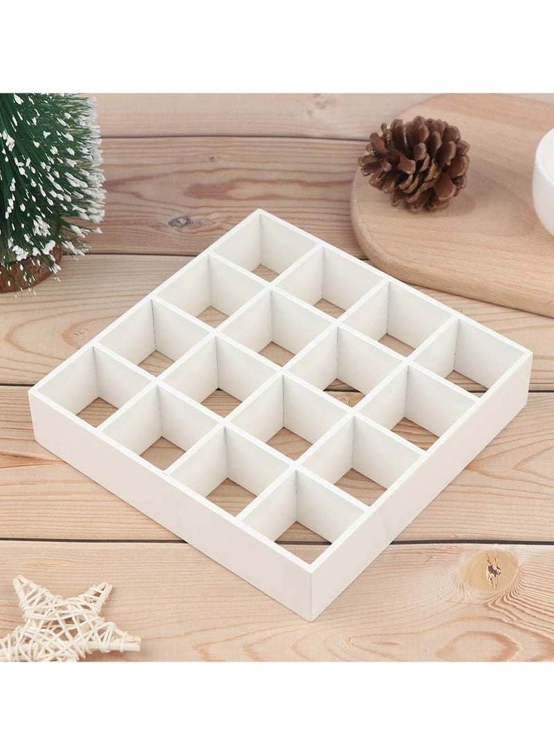 White Wooden Display Case with 16 Compartments, Perfect for Showcasing Miniature Toys, Crystals, and Stones, Features Wall Mountable and Freestanding Design.