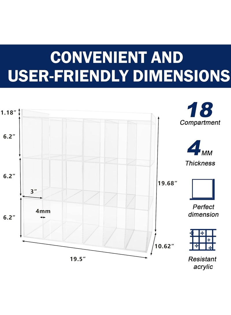 Clear Acrylic Wall-Mounted Display Case with 18 Compartments, Perfect for Showcasing Miniature Toys, Crystals, and Stones, Features Wall Mountable and Freestanding Design.