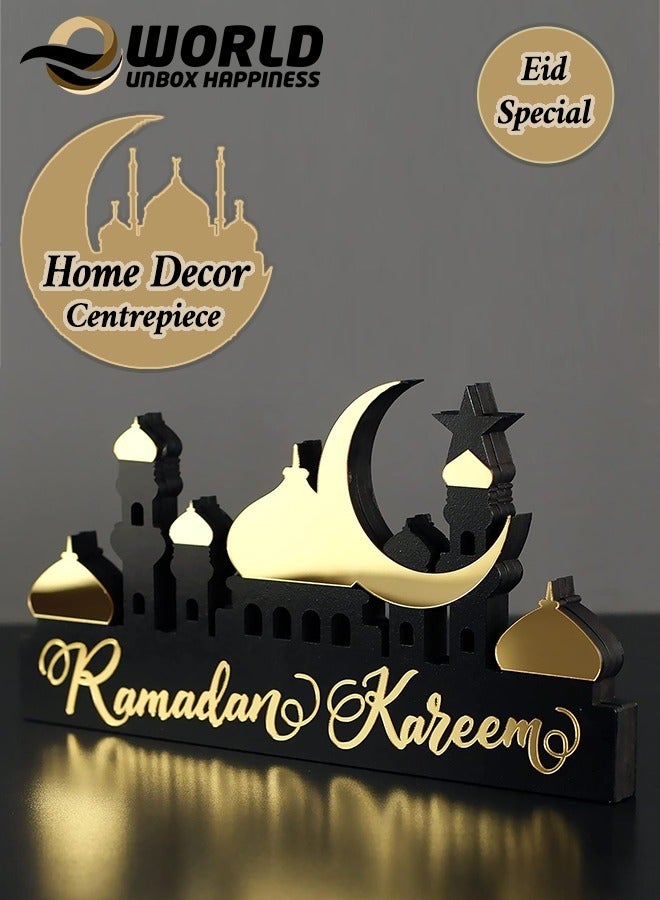 Wooden Acrylic Islamic Tabletop Decor, Elegant Ramadan Kareem Decorations Crafted from Thick Eco-Friendly MDF with a Shiny Acrylic Layer for a Stunning Mirror Effect in Gold.