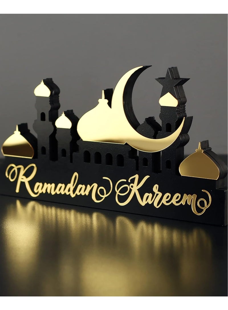 Wooden Acrylic Islamic Tabletop Decor, Elegant Ramadan Kareem Decorations Crafted from Thick Eco-Friendly MDF with a Shiny Acrylic Layer for a Stunning Mirror Effect in Gold.