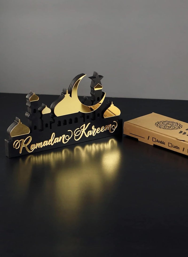 Wooden Acrylic Islamic Tabletop Decor, Elegant Ramadan Kareem Decorations Crafted from Thick Eco-Friendly MDF with a Shiny Acrylic Layer for a Stunning Mirror Effect in Gold.