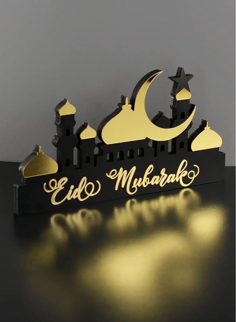 Wooden Acrylic Islamic Tabletop Decor, Elegant Eid Mubarak Decorations Crafted from Thick Eco-Friendly MDF with a Shiny Acrylic Layer for a Stunning Mirror Effect in Gold