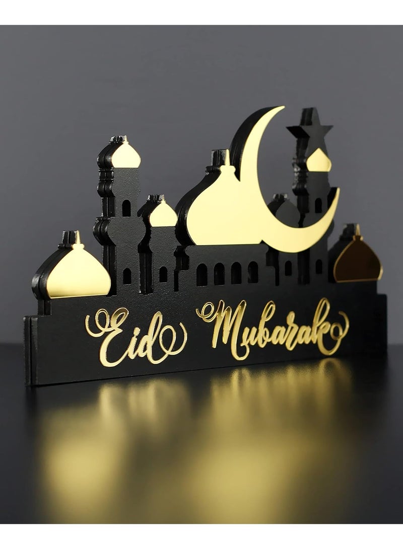 Wooden Acrylic Islamic Tabletop Decor, Elegant Eid Mubarak Decorations Crafted from Thick Eco-Friendly MDF with a Shiny Acrylic Layer for a Stunning Mirror Effect in Gold