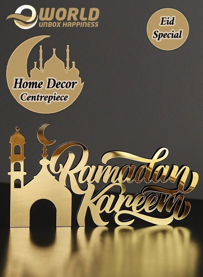 Wooden Acrylic Islamic Tabletop Decor, Elegant Ramadan Kareem Decorations Crafted from Thick Eco-Friendly MDF with a Shiny Acrylic Layer for a Stunning Mirror Effect in Gold