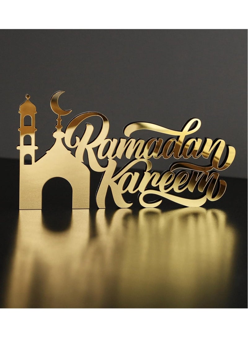 Wooden Acrylic Islamic Tabletop Decor, Elegant Ramadan Kareem Decorations Crafted from Thick Eco-Friendly MDF with a Shiny Acrylic Layer for a Stunning Mirror Effect in Gold