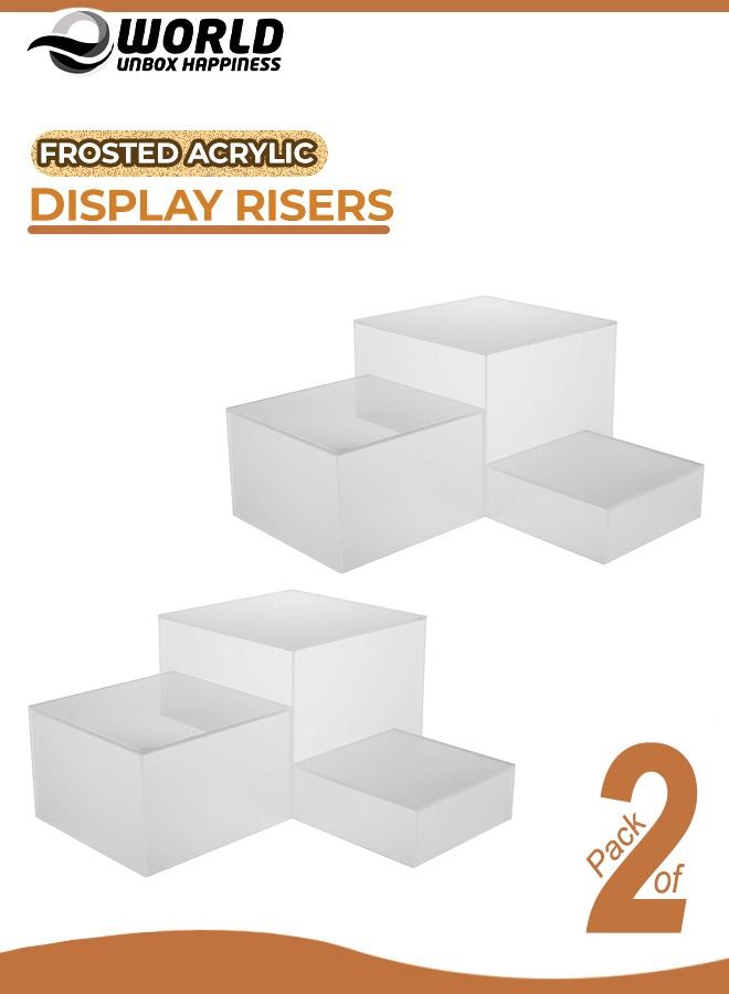 2 Pack of 3 Frosted White Acrylic Cube Nesting Risers with Hollow Bottoms Perfect Modern Design Dice Display Blocks for Photo Prop, Trophies, Artefacts, and Decorations