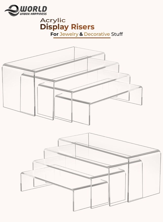 Set of 8 Clear Acrylic Risers for Display, Large Rectangular Tiered Stands, Ideal for Showcasing Collectibles, Jewelry, Funko Pop Figures, Cupcakes, Desserts, and Decorations on Tables in 4 sizes