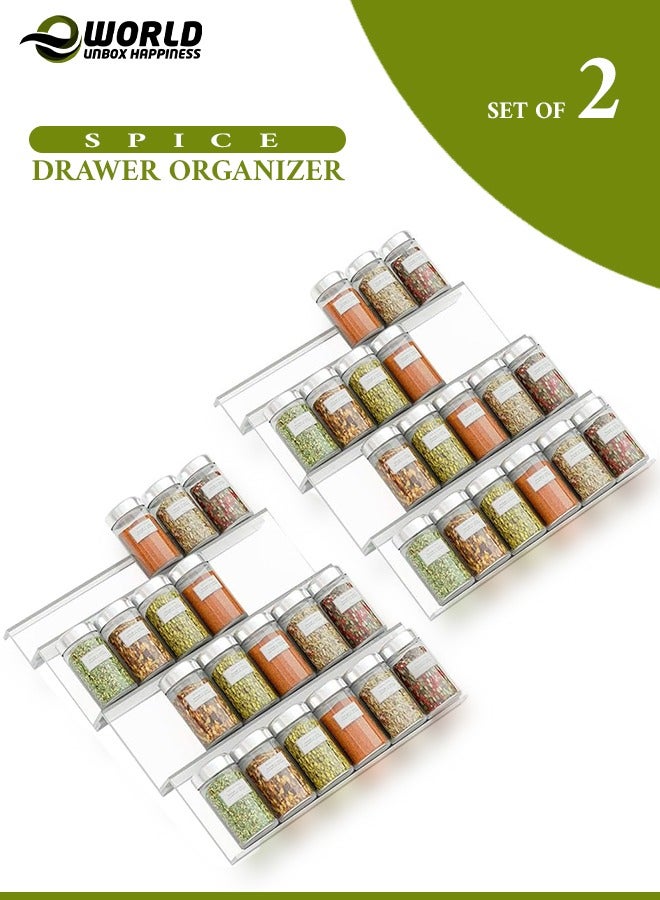 2 sets of 4 Tier Expandable Clear Acrylic Spice Tray Organizers for Drawer or Countertop Perfect for Spices, Essential Oils, Vitamins, Nail Polish, Herbs, Medicine