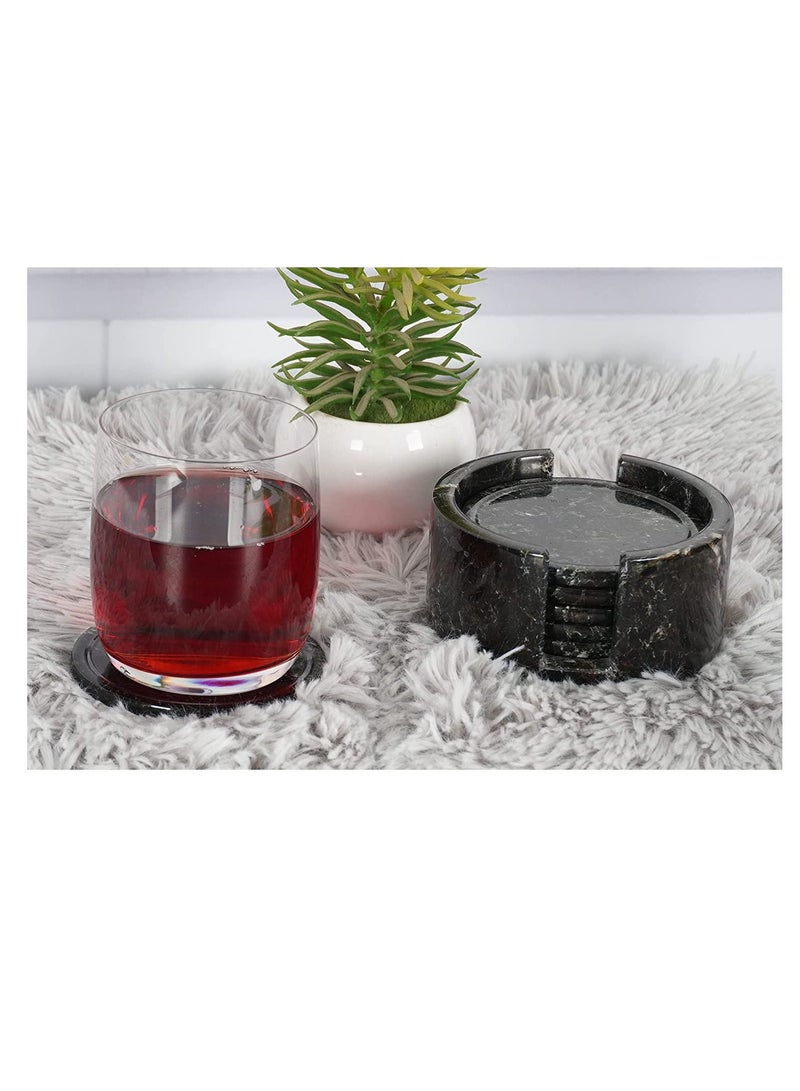 RADICALn Coaster Set Cup Pad 3.5 Inches Handmade Marble Pot Black Coasters Plates for Mug Glass Drinks - Non Plastic Non Tile - Warming Stone Kitchen Car Office Drink Coaster Sets