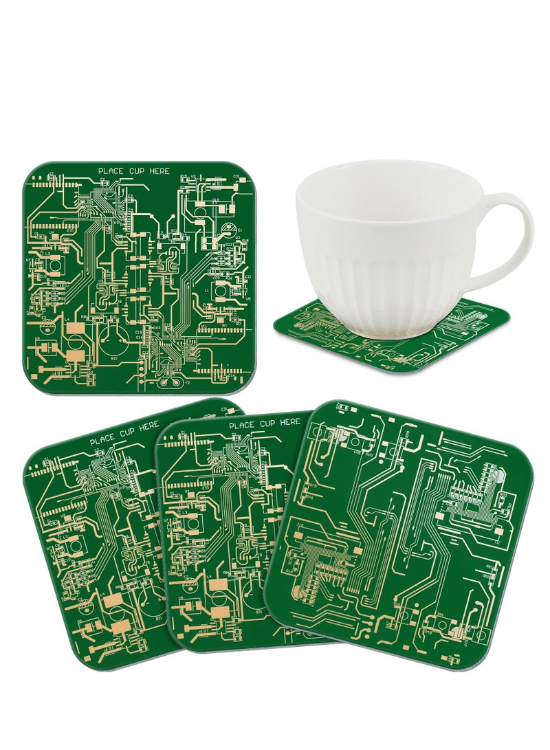 PCB Coasters, 4 Pcs Circuit Board Coasters, Funny Coasters Desk Decor, Men Funny Drink Coasters with Anti-Slip Pad, for Coffee Table Geeks Engineer Boyfriend Dads Gifts, Green