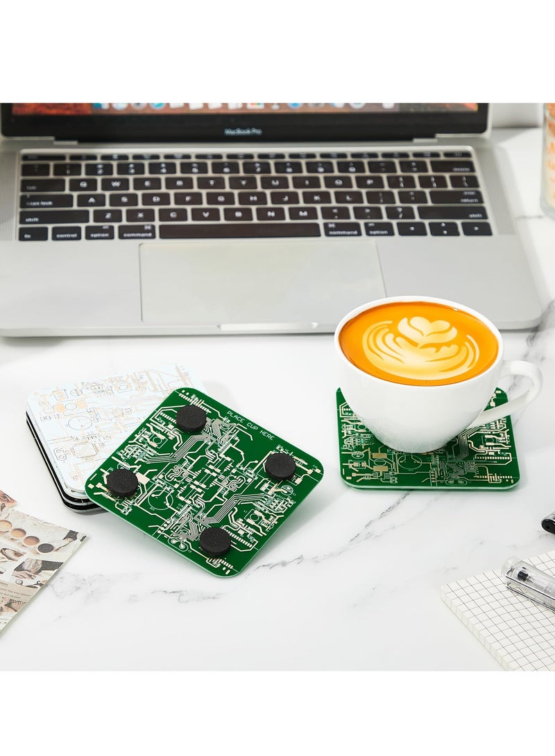 PCB Coasters, 4 Pcs Circuit Board Coasters, Funny Coasters Desk Decor, Men Funny Drink Coasters with Anti-Slip Pad, for Coffee Table Geeks Engineer Boyfriend Dads Gifts, Green